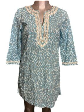Boden Caftan Shift Tunic Dress Blue/White 100% Cotton Embroidered Neckline Sz 10